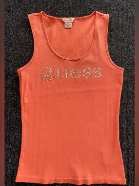 Guess Coral Ribbed Tank Top with Studded Logo